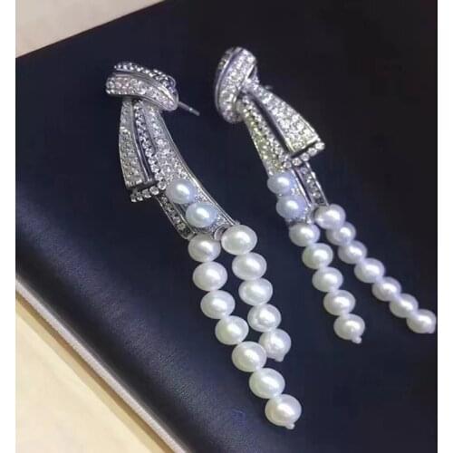 One pair freshwater pearl white near round earrings zircon wholesale beads FPPJ nature