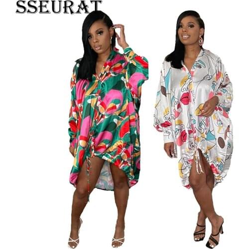 SSEURAT Women Mini Dress Print Full Sleeve Turn-down Collar Single Breasted Loose Straight Dresses Office Lady Vestidos Summer