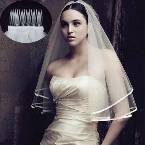 Wedding Veil Comb 2021 Sexy Yarn Dyed Two-layer Real Photos Ribbon Cheap Two White Ivory Tulle and Combs Bridal veil