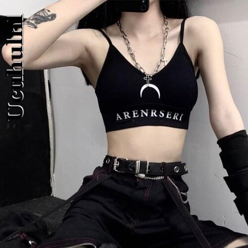 Ucuhulnl Gothic Punk Camis Women Crescent Letters Printed Strapless Bottom Vest Streetear Harajuku Sexy Tank Tops Black White