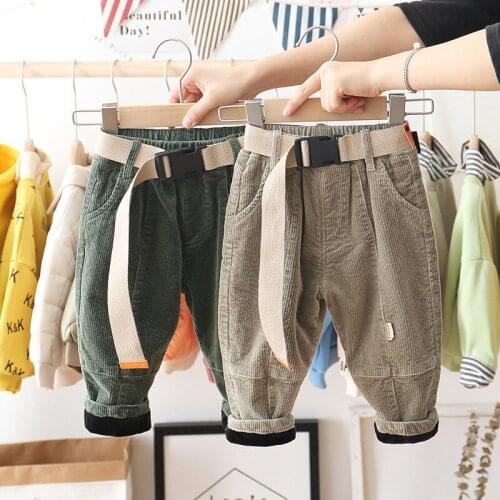 Boys Corduroy Pants 2019 Autumn and Winter Thick Baby Childrens Trousers 2 3 4 5 6 7 8 Years Baby Plus Velvet Pants with Belt