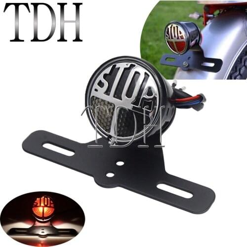 Motorcycle LED Round Brake Tail Rear Light w/ Plate Number Bracket for Harley Chopper Bobber Cafe Racer Motorbike 12V Stop Light