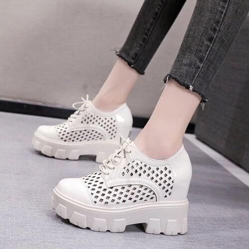 Hollow Breathable Womens Shoes Spring And Summer New Simple And Versatile Thick-Soled Inner Increased Small Leather Shoes
