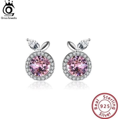 ORSA JEWELS Classic Big Pink Crystal Stud Earrings for Women Silver 925 Korean Fashion Jewelry Valentines Day Present SWE09