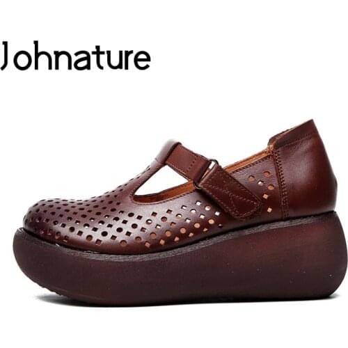 Johnature 2020 New Spring/Autumn Genuine Leather Pumps High Round Toe Retro Casual Hook & Loop Wedges Women Shoes