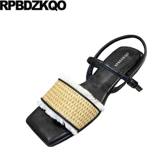 Women Pumps Roman Fringe Ladies Soft Slingback Chunky Open Toe Thick Black Low Heel Square Two Strap Sandals Embellished Shoes