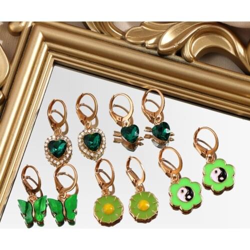 Flatfoosie 5Pair/Set Green Heart Crystal Drop Earrings Set for Women Trendy Flowers Butterfly Dangle Earrings 2021 Party Jewelry