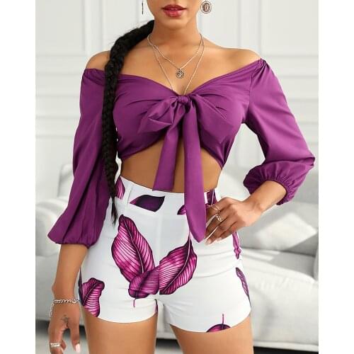 Fashion Printing Shirts for Women Plus Size Sets Summer Purple Shorts Set Top Clothes Long Sleeve Off Shoulder Shirt Shorts Sets