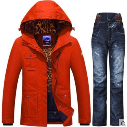 Womens Orange Snowboarding Suit Female Wine Red Skating Ski Jacket With Light Blue Pants Set Waterproof Skiwear
