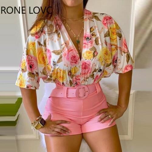 Spring V Neck Floral Print Half Sleeve Top & Shorts Set Women Sets 2 Piece Set