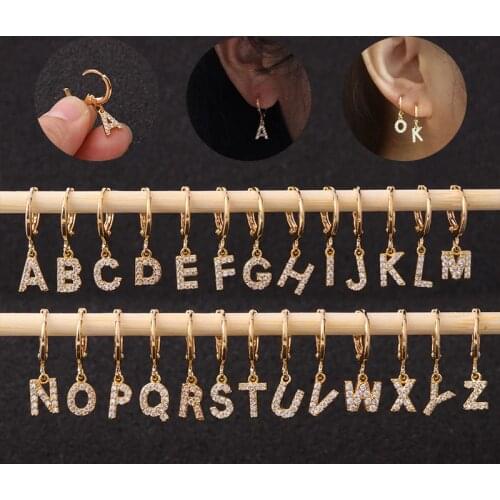 1 PCS Classic Gold Color Micro Pave CZ A-Z Alphabet Hoops Simple Small Circle ABC Pendant Earrings Copper Ear Jewelry