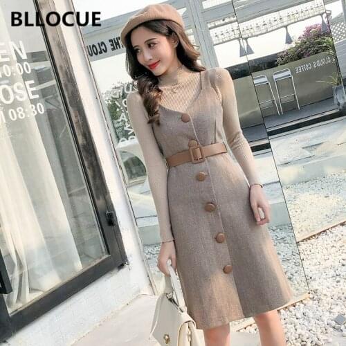 BLLOCUE Women 2Pieces Set Overalls Dress 2019 Winter Vintage Wool Sling Single-breasted Sashes Dress+Knit Bottoming Shirt Top