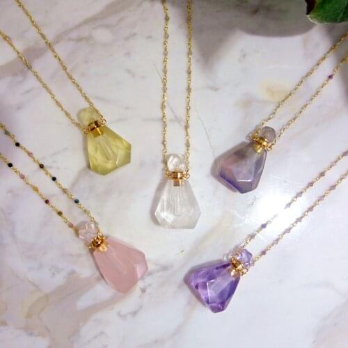 BOROSA 2Pcs Perfume Bottle Essential oil Bottle Multi-Kind Stone Amazonite Amethysts Connector 26inch Bead Chain Necklace HD0091