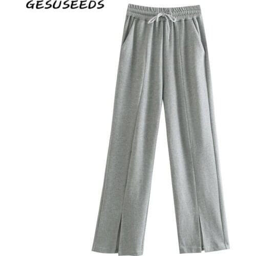 Casual sweatpants women spring high waisted pants korean joggers women wide leg pants split drawstring trousers gray streetwear