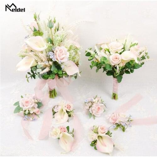 Meldel Flower Bouquet Silk Rose Calla Lily Flower White Pink Girl Bridal Wedding Supplies Newest Design Handmade Wedding Bouquet