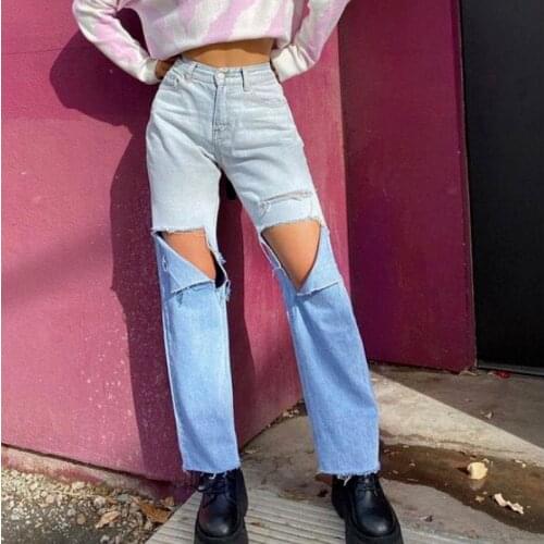Summer Womens New Straight Jeans High Waist Loose European American Style Ripped Gradient Pants Retro Wide Leg Denim Trousers
