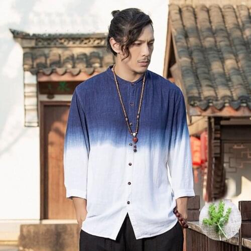 Summer Chinese Style Linen Oversized Tie-Dye T-Shirt Hanfu Men Kung Fu Clothes Asian Streetwear Tang Suit Tops For Man 30496