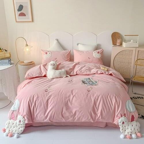 Pink Cute Alpaca Embroidery Soft Washed Cotton Girl Bedding Set Twin Queen King Duvet Cover Bed Linen Fitted Sheet Pillowcases