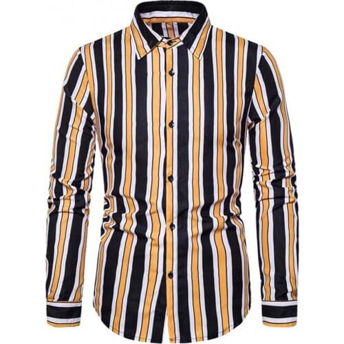 Man Shirts Casual Slim Printed Long SleevesShirts Buttons Shirts Stripe Turn Down Collar Top Mens Clothing