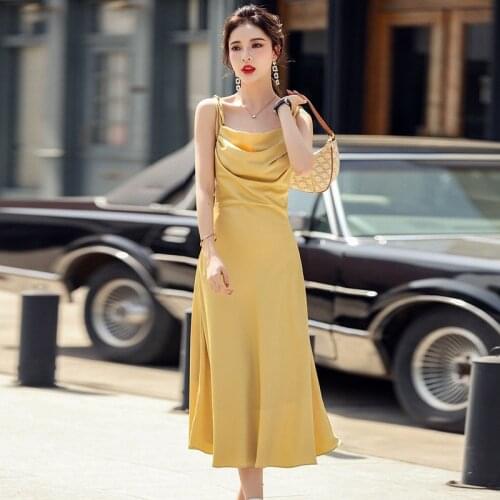 Fashion Summer Vintage Casual Satin Midi Party Dress Ladies Elegant Strap Sleeveless Folds Imitation Silk Beach Vacation Dress