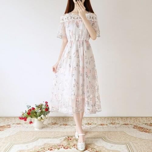 Casual Beach Sexy Club Bohemian Elegant Long Fairy Lace Embroidered Flower White Pink Mesh Summer Dress women party dress
