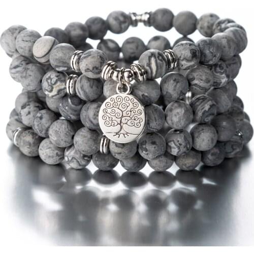 108 Beaded Tree of Life Buddha Lotus OM Meditation Astronaut Grey Natural Stones Couple Prayer Transfer Lucky Bracelets