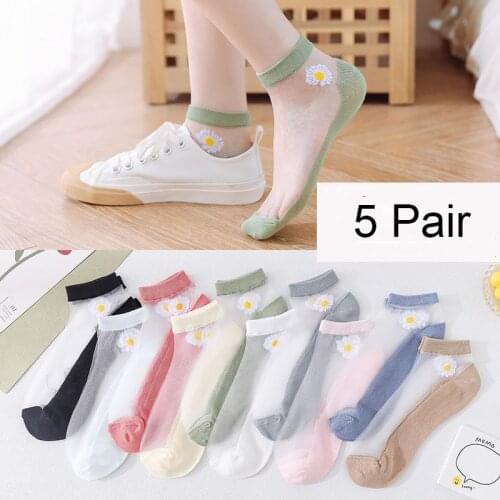 5 pairs/set Women Daisy Socks Thin summer Ankle Socks Female Flowers embroidery Harajuku Woman Short Silk Sock