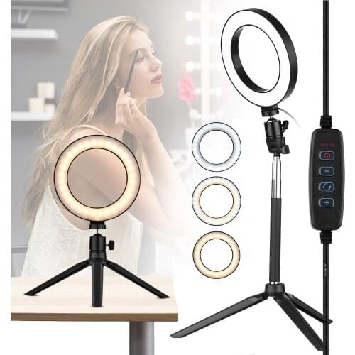 6 Inch Mini LED Ring Light Photography Lamp Dimmable 3 Lighting Modes USB Powered with Stand Mini Desktop Tripod for Selfie