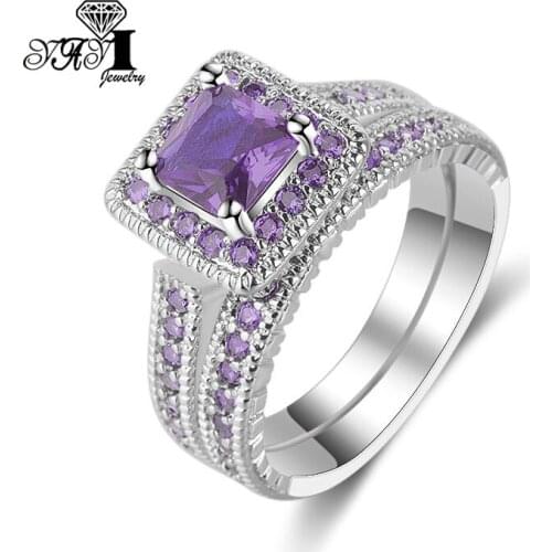 YaYI Jewelry 2 pcs Princess Cut Gemstone Amethyst Cubic Zirconia Silver Color Engagement Wedding Party Gift Couples Rings Set
