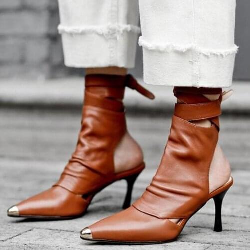 Soft Leather Punk Boot Metal Pointy Toe Back Cut-out Low Heels Ridding Boots Brown Black White Leather Rome Boots Gladiator Heel