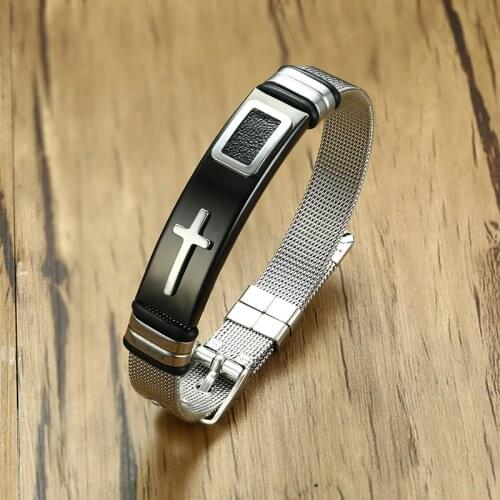 Length Adjustable Strap Bracelets for Man Women Watch Band Style Stainless Steel Net Band Christian Cross Prayer Male Jewelry