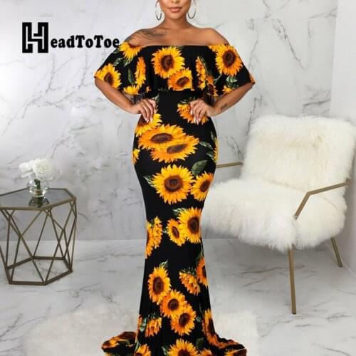 Floral Print Ruffles Sexy Party Woman Dress Half Buttfly Sleeve Slash Neck Floor Length Skinny Slim Long Dress
