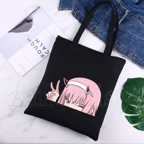 Darling In The Franxx Canvas Black Shopping Tote Bag Reusable Shoulder Cloth Book Bag Gift Handbag