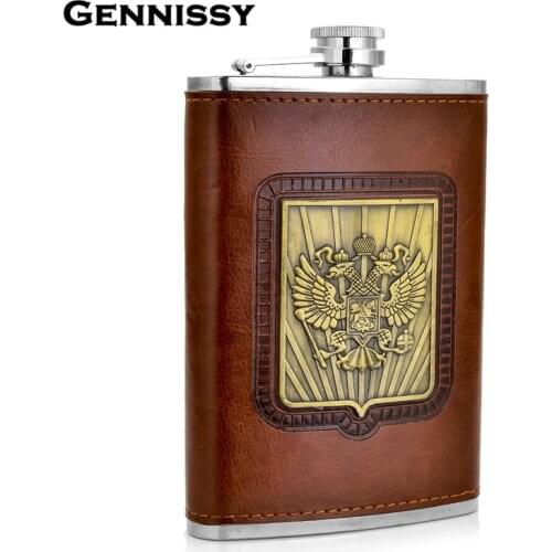 GENNISSY Russias Emblem Printed Whiskey Flask 9 oz Stainless Steel Brown Leather Packed Hip Flask Portable Drink Flasks Gift