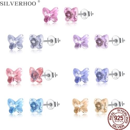 SILVERHOO 925 Sterling Silver Butterfly-Shaped Stud Earrings For Women Romantic Seven Colors Austria Crystal Wedding Earring