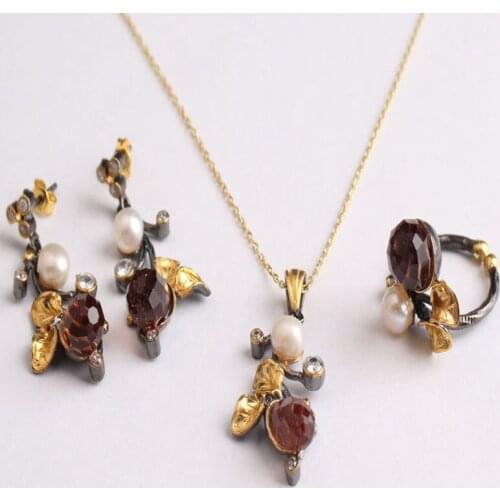 Drop Pearl Leaf Zultanite and Green Jewelry Set Gold Plated,Woman Silver Zultanite Ring+Necklace+Earrings,Handmade Woman Silver