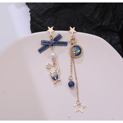 Korea Dream Rabbit Earrings Bowknot Asymmetrical Temperament Female Long Frosted Ear Jewelry Without Pierced Ear Clip