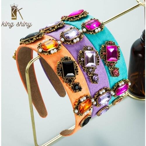 King Shiny Vintage Barpque Color Geometric Crystal Headband Elegant Imitation Pearl Beaded Fabric Hairband Girls Party Headpiece