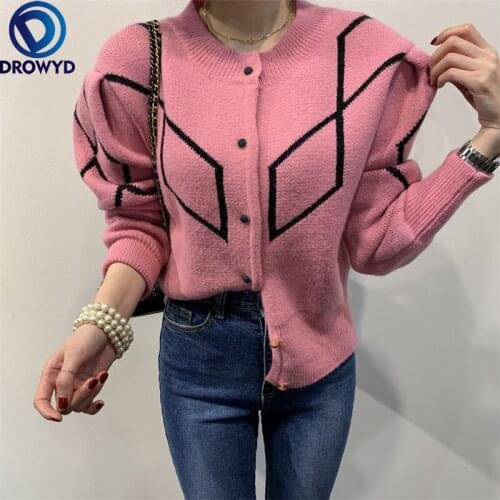 2021 Autumn and Winter Korean Style Sweet Retro Temperament Fashion Puff Sleeve Short Single-breasted Knitted Cardigan Women Top