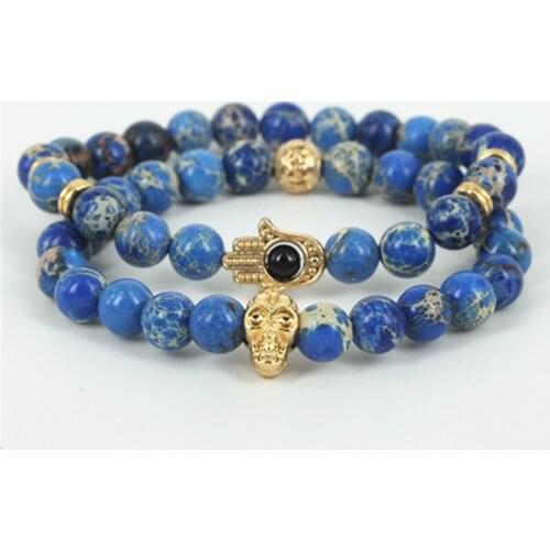 2pcs beaded gold-color skull head charm men bracelet natural blue regalite round stone beads women hamsa hand bracelet