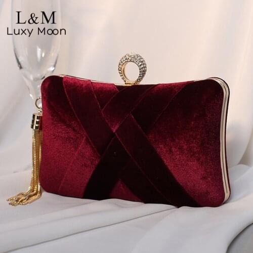 Velvet Women Evening Bags Ring Metal Diamonds Small Day Clutch Bag Tassel Fashion Lady Purses and Handbags sac femme Party X1R