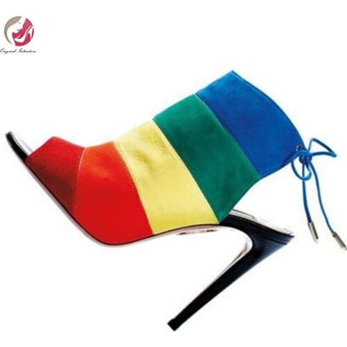 Original Intention Stylish Rainbow Colors Ankle Boots Woman Peep Toe Thin High Heels Lace-up Fashion Lady Shoes Sexy Party