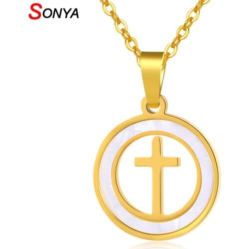 SONYA Latin Cross necklace stainless steel Jewelry Gold/steel Color Acrylic Round Men/Women Gift Christian Jewelry Bijoux Femme