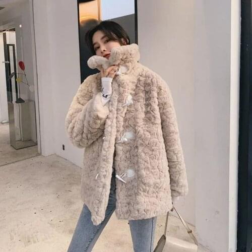 Teddy Winter Coat Women Long Sleeve Tops Faux Fur Rex Rabbit Fur Jacket Korean Thick Warm Solid Loose Covered Button Outerwear