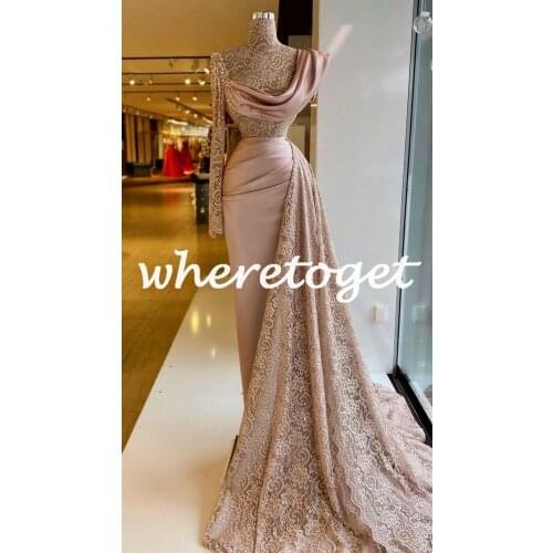 Blush Pink Evening Dresses 2021 Sexy Sheer Lace indian style Long Sleeve High Neck Plus Size Dubai Women Formal prom Party Gowns