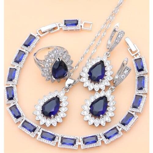 Blue Sapphire Stone Costume Bridal 925 Silver Jewelry Sets Gift for Women Bracelet Necklace Set Dropshipping