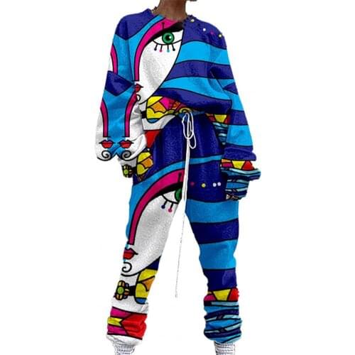 Autumn Fashion Sweater Fabric Women Tracksuit Pullovers O Neck Abstract Print Drawstring Sweat Suit for Home Plus Size 2021 New