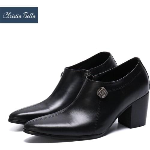 Christia Bella Genuine Leather Men Business Shoes New Fashion Plus Size High Heel Slip On Pointed Toe Formal Party Men Shoes