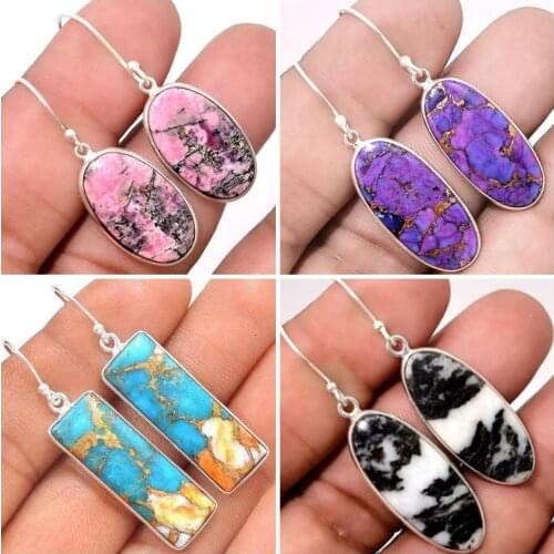 Boho Vintage Pink Oval Resin Drop Earrings for Women Tribal Jewelry Silver Color Purple Blue Colorful Dangle Earrings