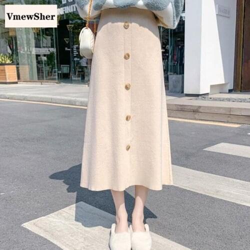VmewSher New Autumn Winter Womes Skirt Knitted Fashion A-line Single Breasted Skirts Elegant Elastic High Waist 2021 Vintage